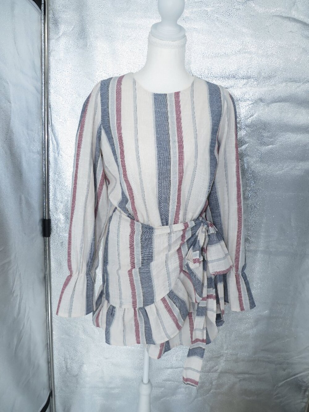 & merci striped wrap mini dress medium M blue red white long sleeve ruffle tunic